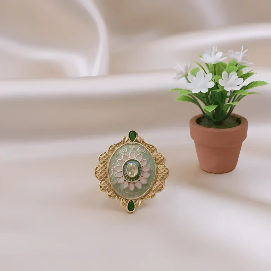 Rajwadi Jade Green Enamel Marquise Ring with Filigree Border & Emerald Drops