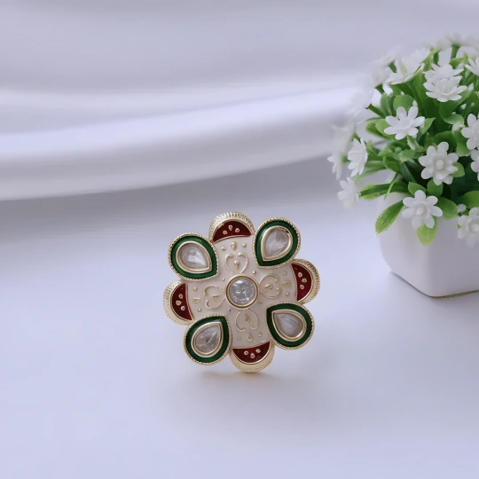 Rajwadi Kundan Floral Ring with Green Enamel & Maroon Petals