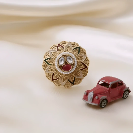 Rajwadi Kundan Floral Ring with Ruby & Pearl