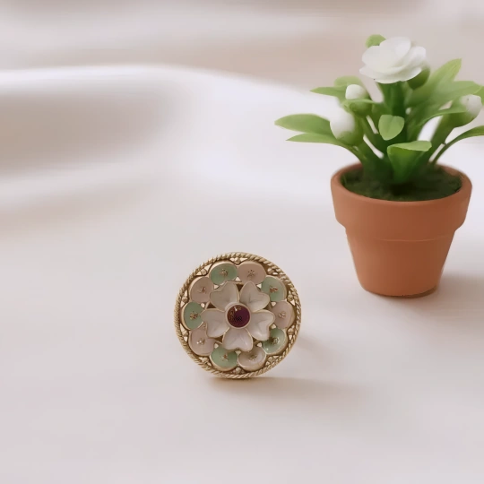 Rajwadi Layered Lotus Ring with Jade Petals, Twisted Rope Border & Ruby Centre