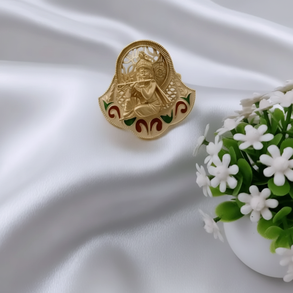 Rajwadi Lord Krishna Flute Ring with Meenakari Enamel Shield Base