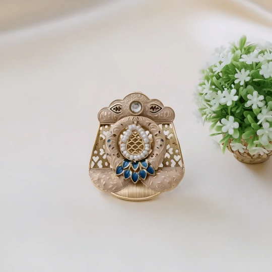 
Rajwadi Mughal Purse Ring with Jali Work, Pearl Teardrop & Sapphire Lotus