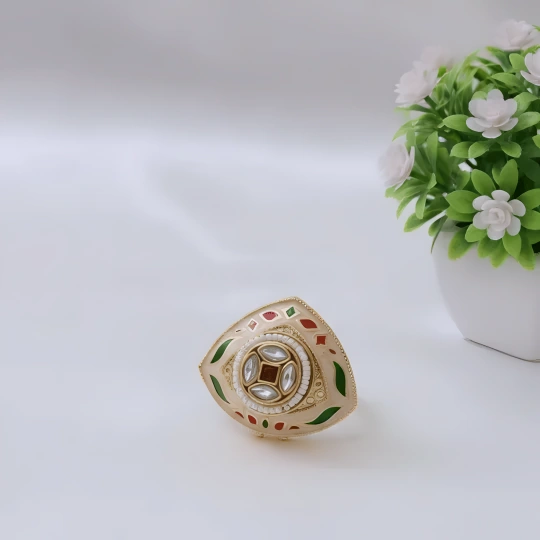 Rajwadi Mughal Shield Ring with Kundan, Red & Green Enamel