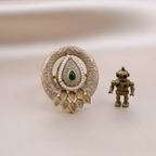 Rajwadi Open Crescent Disc Ring with Carved Ivory Enamel, Pearl Teardrop & Gold Leaf Fan