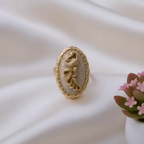 Rajwadi Oval Cameo Ring with Sculpted Peacock on Mother of Pearl & Gold Brick Border