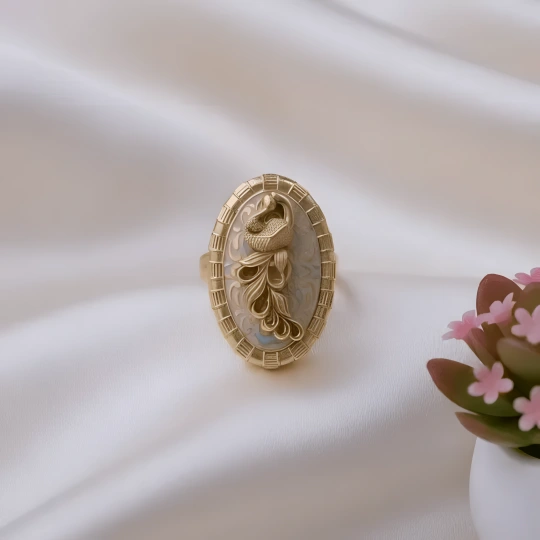 Rajwadi Oval Cameo Ring with Sculpted Peacock on Mother of Pearl & Gold Brick Border