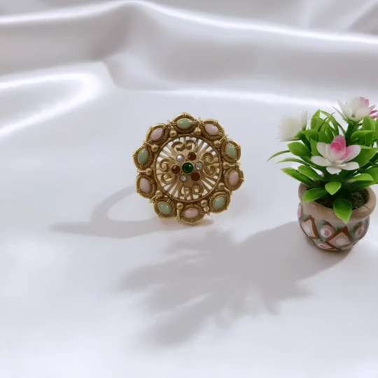 Rajwadi Oval Marquise Ring with Moonstone Cabochons & Open Filigree Scrollwork