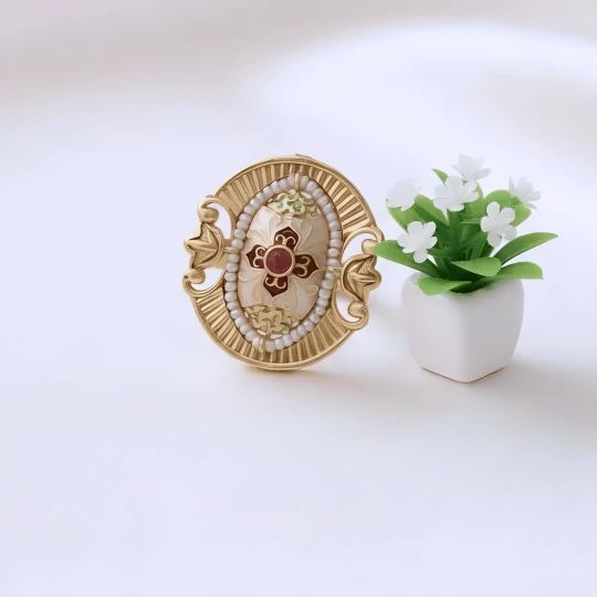 Rajwadi Oval Mughal Cartouche Ring with Sunburst, Pearl Halo & Meenakari Cross