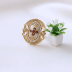Rajwadi Oval Mughal Cartouche Ring with Sunburst, Pearl Halo & Meenakari Cross