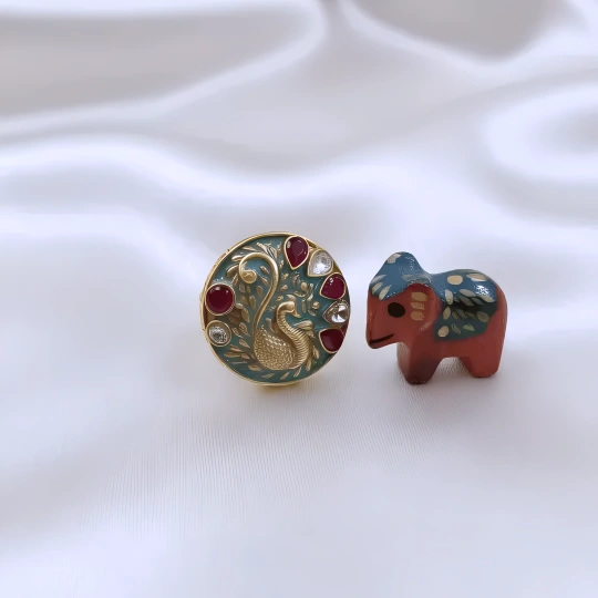 Rajwadi Peacock Disc Ring with Forest Green Meenakari, Ruby Teardrops & Crystal