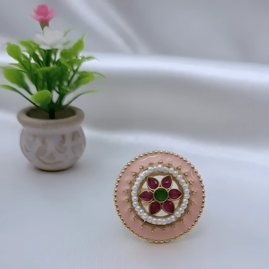 Rajwadi Pink Enamel Kundan Ring with Pearl Border