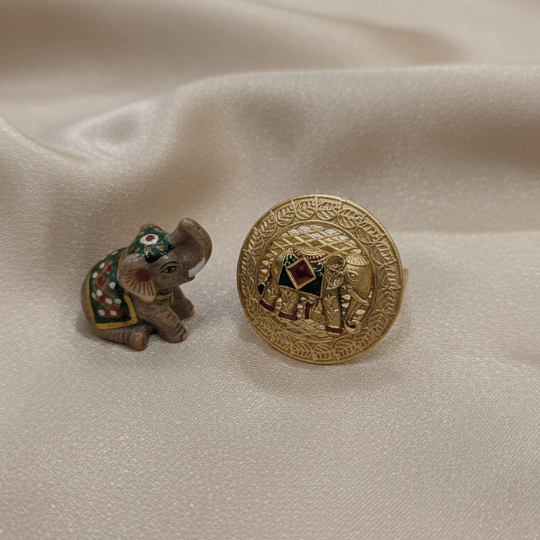 Rajwadi Royal Elephant Disc Ring with Engraved Vine Scrollwork & Ruby Howdah