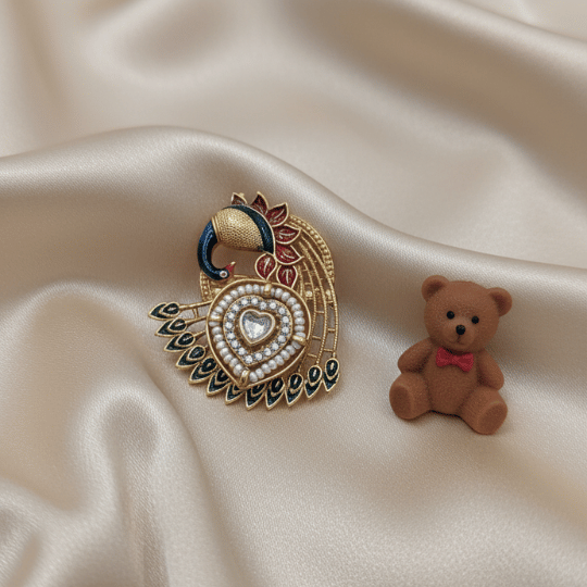 Rajwadi Sculpted Peacock Heart Ring with Pearl Encrustation, Polki Diamond & Meenakari Tail