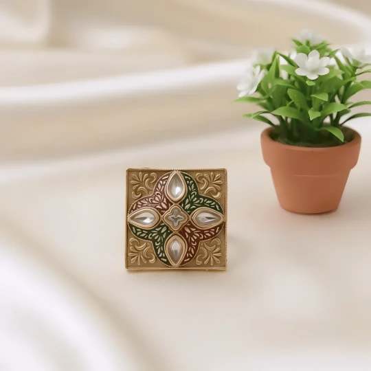 Rajwadi Square Mughal Tile Ring with Polki Kundan Cross & Dark Meenakari