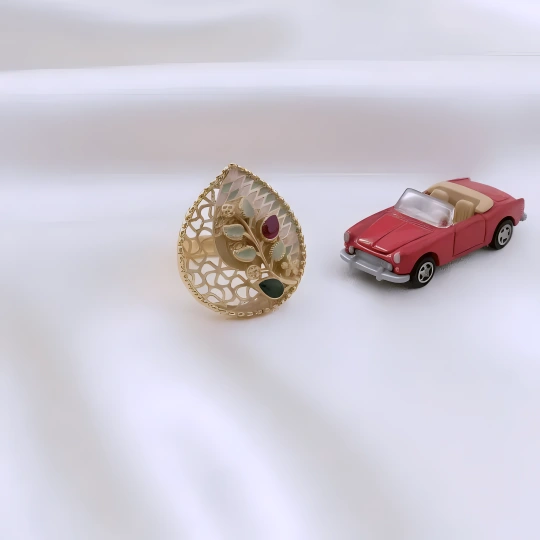 Rajwadi Teardrop Open Filigree Ring with Floral Vine, Ruby Bud & Emerald Leaf