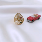 Rajwadi Teardrop Open Filigree Ring with Floral Vine, Ruby Bud & Emerald Leaf