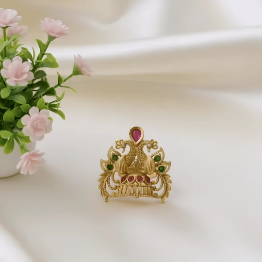 Rajwadi Temple Twin Peacock Ring with Ruby Crown, Emerald Wings & Lotus Base