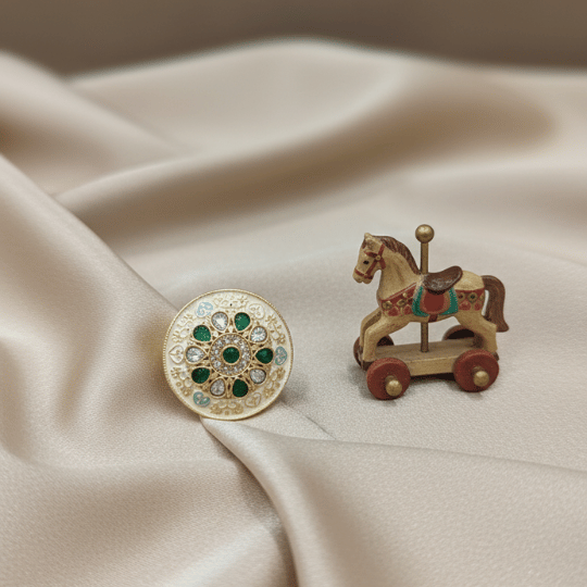 Rajwadi White Enamel Disc Ring with Emerald Kundan Floral Wheel & Polki Sunburst