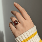 Rose Gold Deep Red Stone CZ Floral Ring