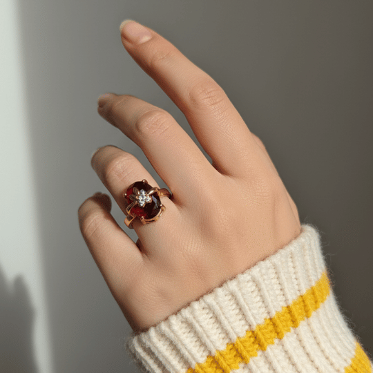 Rose Gold Deep Red Stone CZ Floral Ring