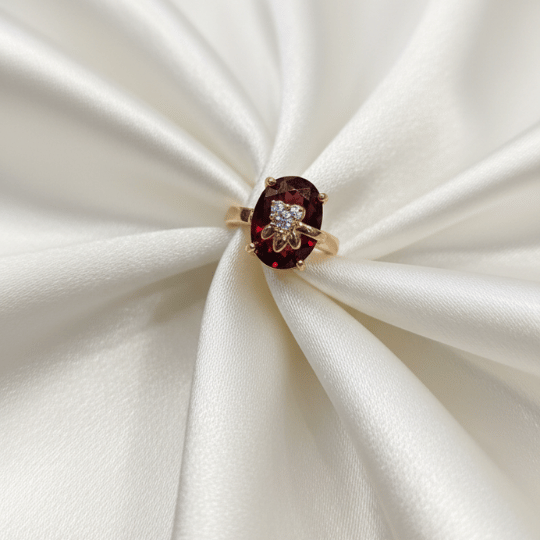 Rose Gold Deep Red Stone CZ Floral Ring