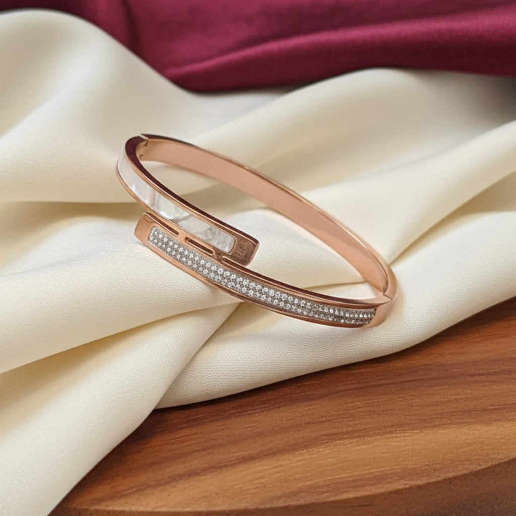 Rose Gold Mother of Pearl Double CZ Row Bangle
