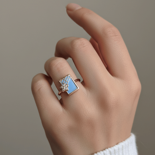Rose Gold Plated Sky Blue Enamel Square Ring