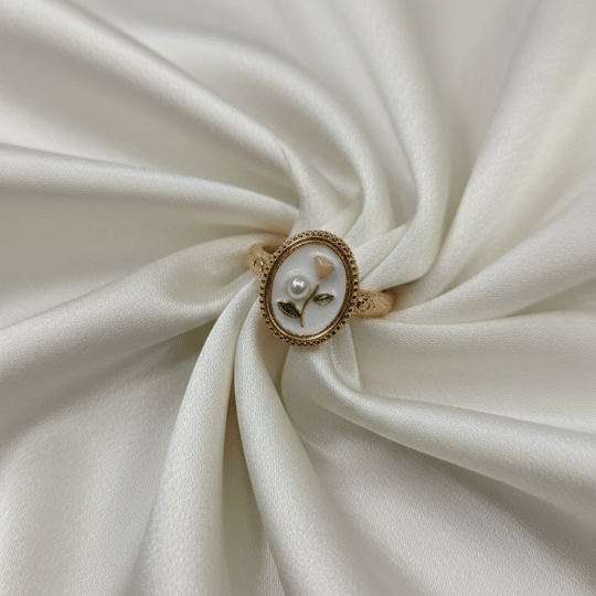 Rose Gold White Enamel Pearl Leaf Ring
