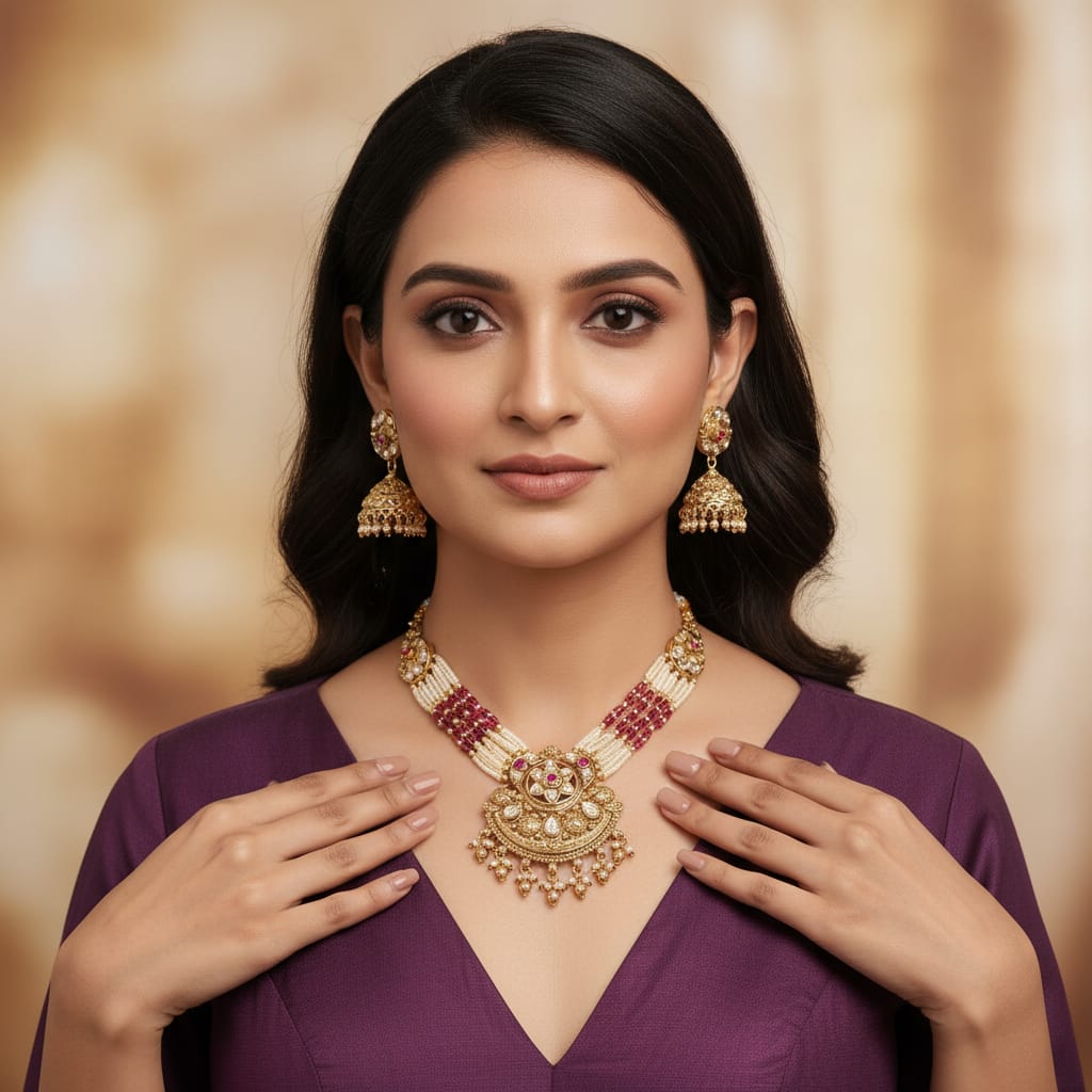 Ruby Pearl Kundan Rajwadi Necklace Set