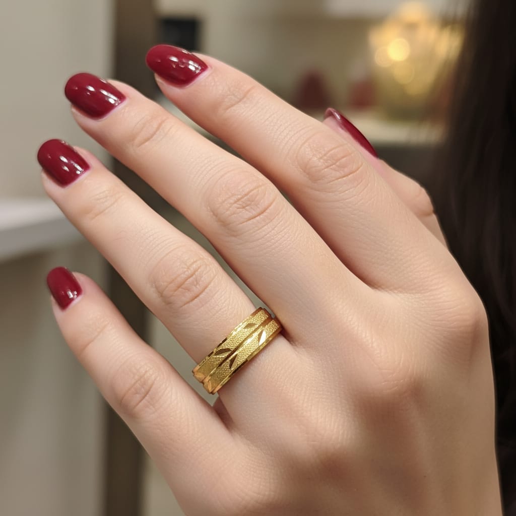 Micro Gold Plated Leaf Engraved Wide Band Ring