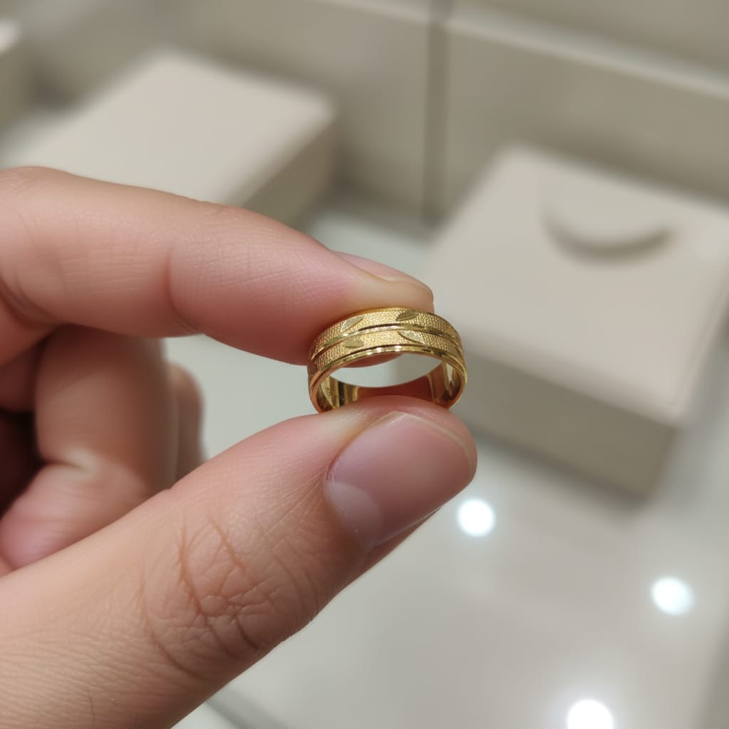 Micro Gold Plated Leaf Engraved Wide Band Ring