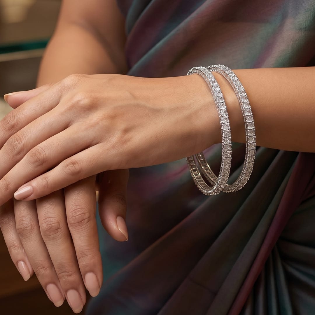 Square Cut CZ Bangles – Princess Stone American Diamond Bangle Set
