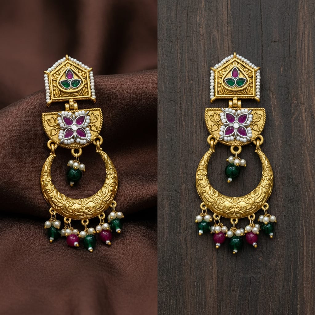 Polki Kundan Chandbali Earrings with Ruby Green Beads