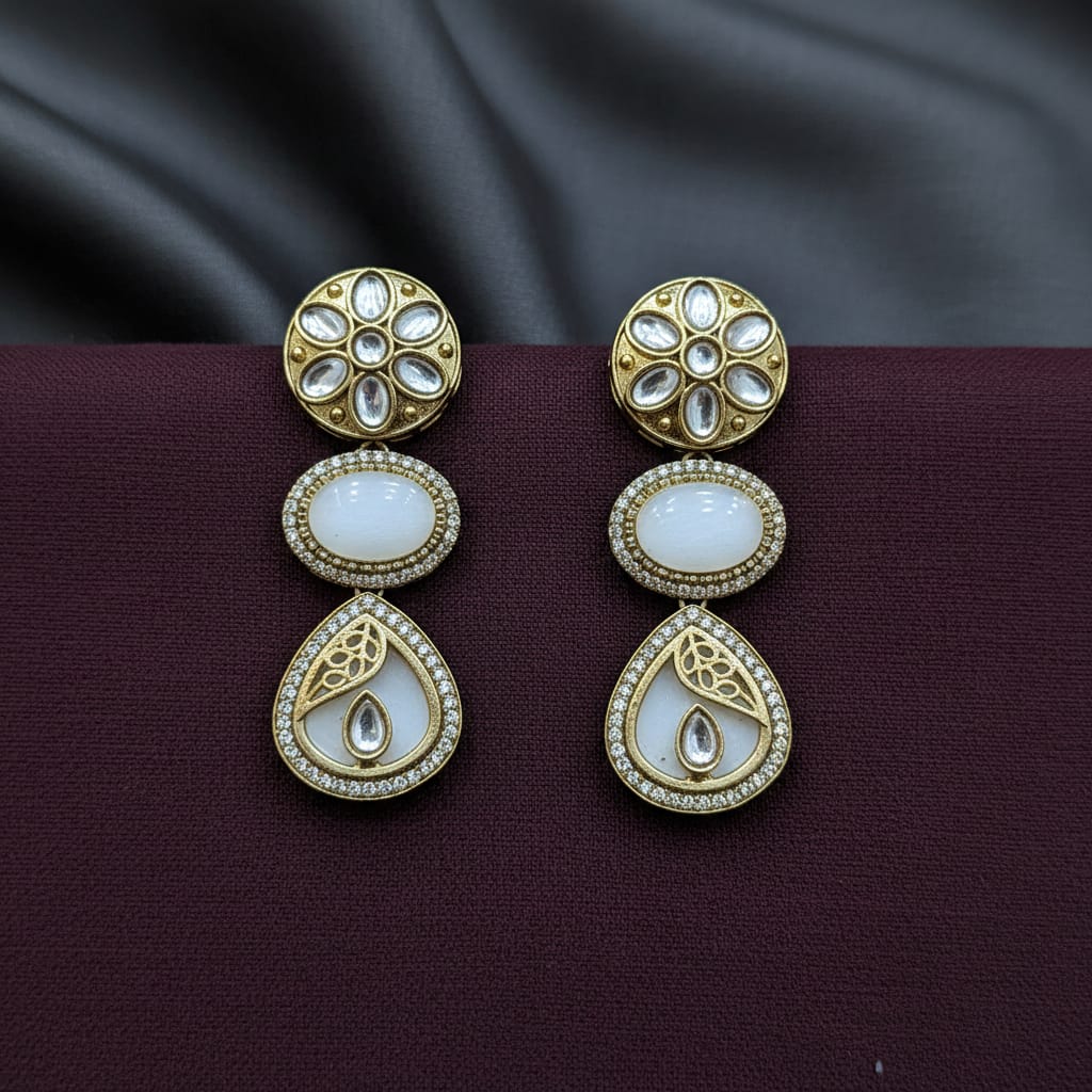 Kundan Polki Triple Drop Earrings with White Onyx