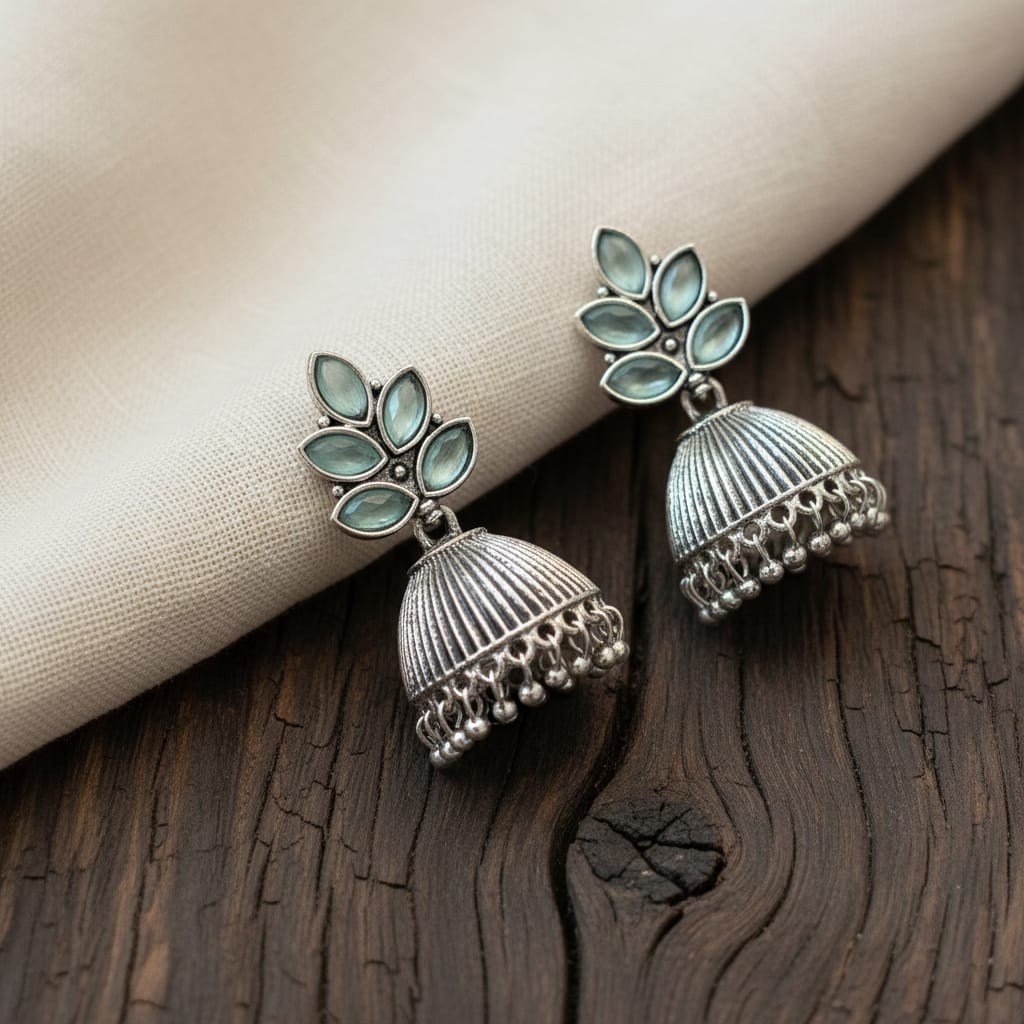Oxidised Silver Jhumka Earrings with Aqua Marquise Lotus Top