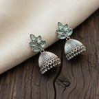Oxidised Silver Jhumka Earrings with Aqua Marquise Lotus Top