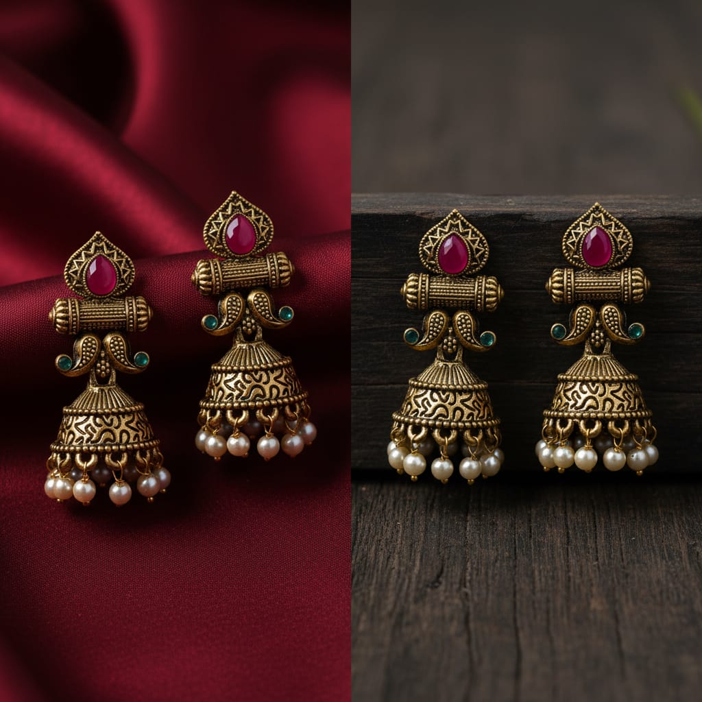 Antique Gold Ruby & Emerald Mughal Jhumka Earrings