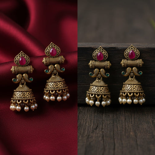 Antique Gold Ruby & Emerald Mughal Jhumka Earrings