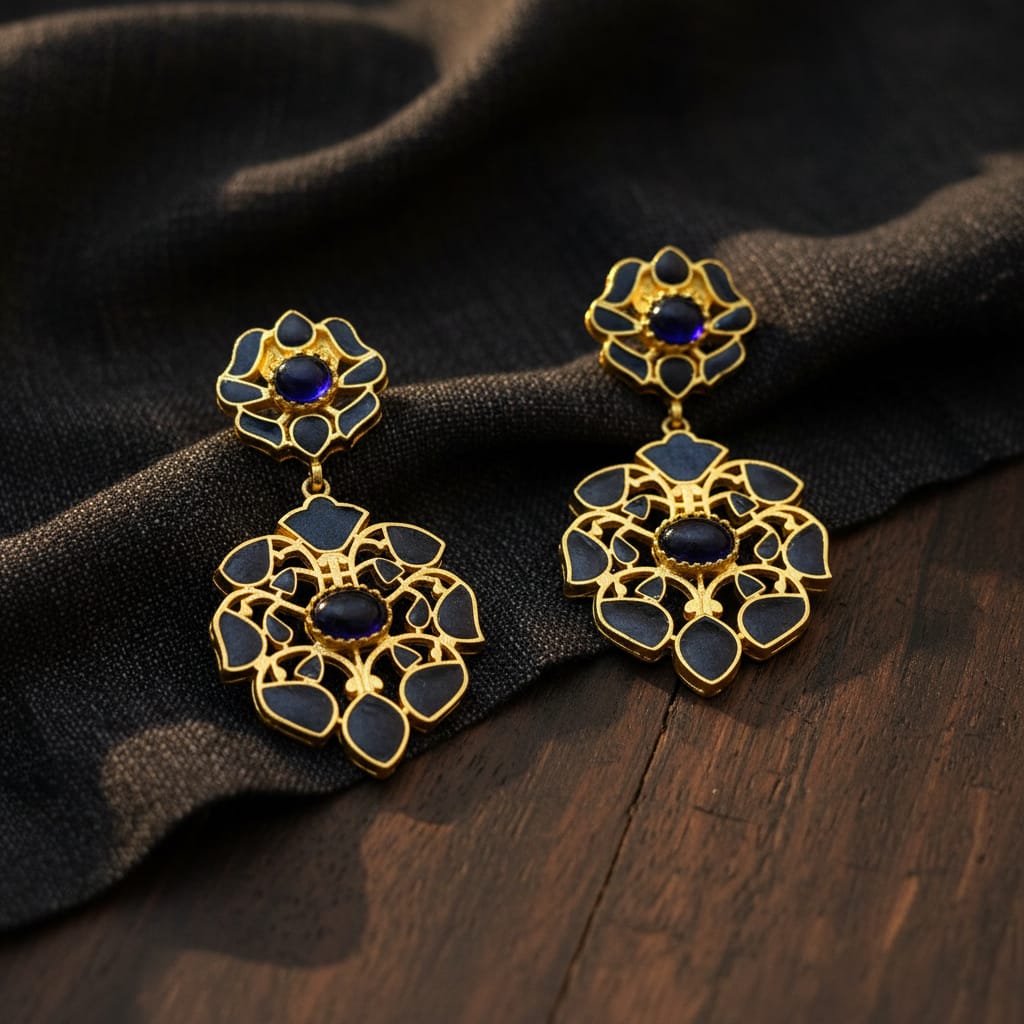 Meenakari Floral Drop Earrings with Gemstone Centre