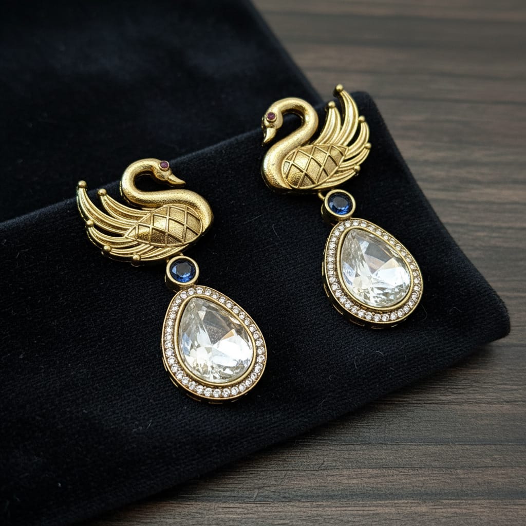 Gold Swan Motif Crystal Teardrop Earrings
