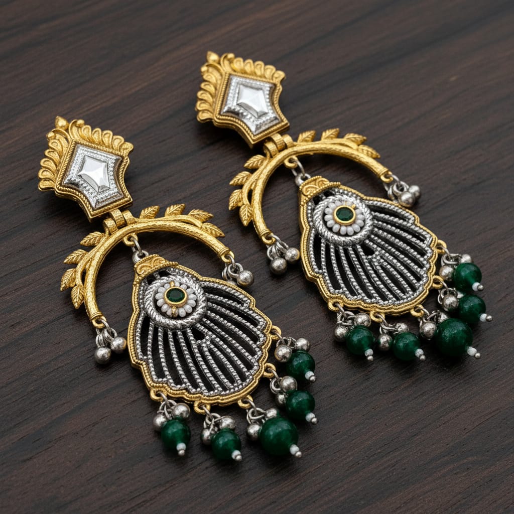 Rajwadi Dual Tone Chandbali Earrings with Mirror Kundan Top