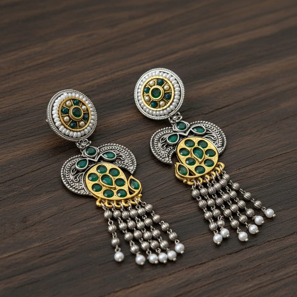 Emerald Green Stone Dual Tone Jhumka Earrings