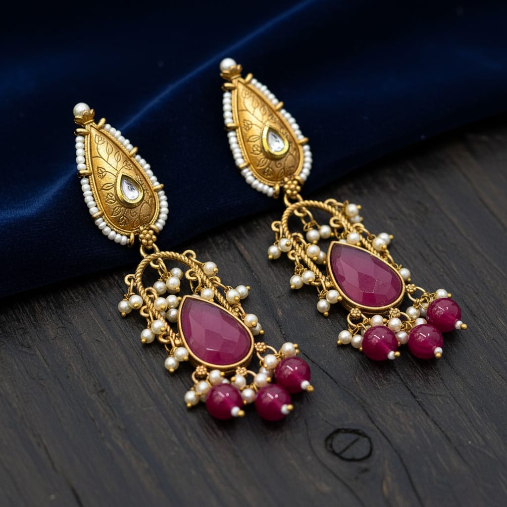 Ruby Polki Chandbali Earrings | Antique Gold with Pearl & Ruby Drops