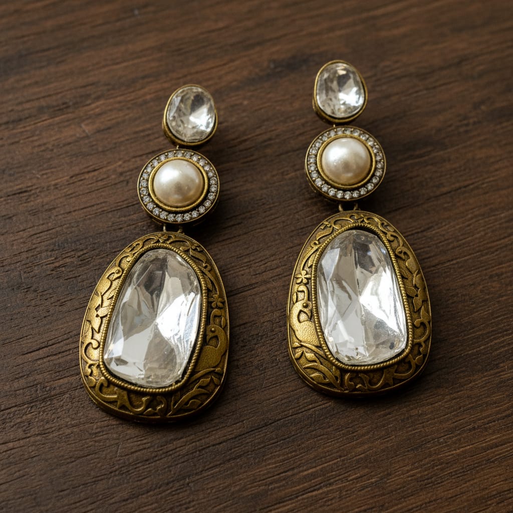 Polki Kundan Crystal Drop Earrings with Pearl & Gold Engraving