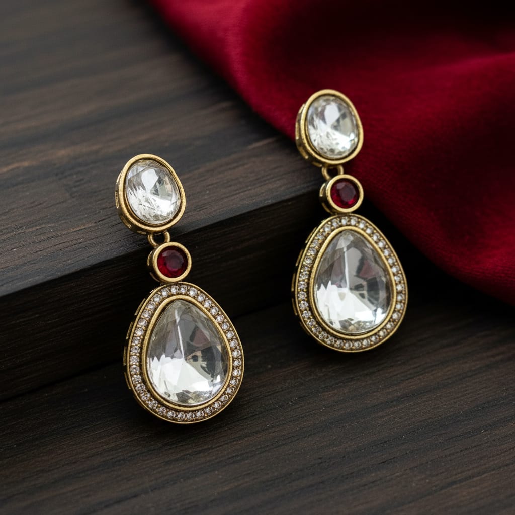 Antique Gold Polki Teardrop Drop Earrings