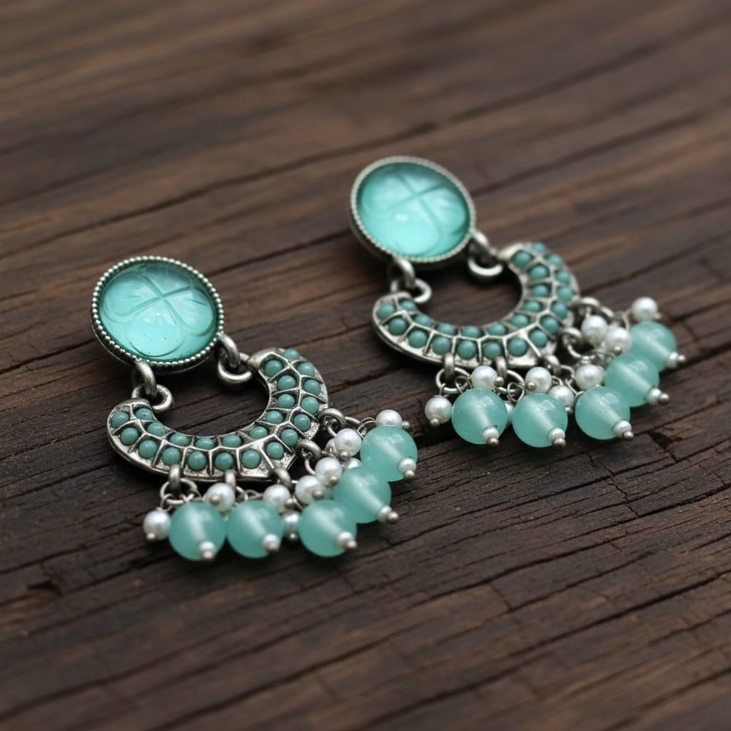 Oxidised Silver Chandbali Earrings with Carved Glass Top