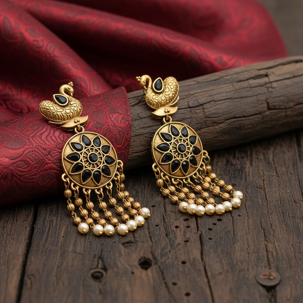 Antique Gold Swan Chandbali Earrings with Floral Disc