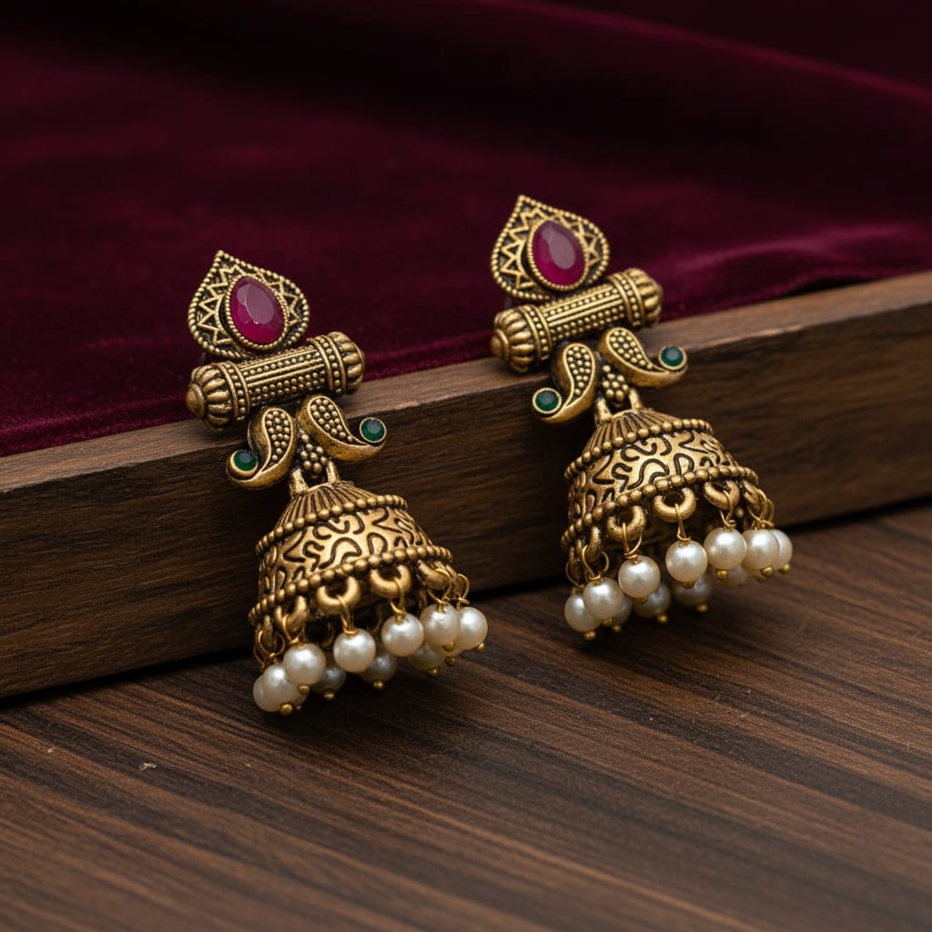 Antique Gold Ruby & Emerald Mughal Jhumka Earrings
