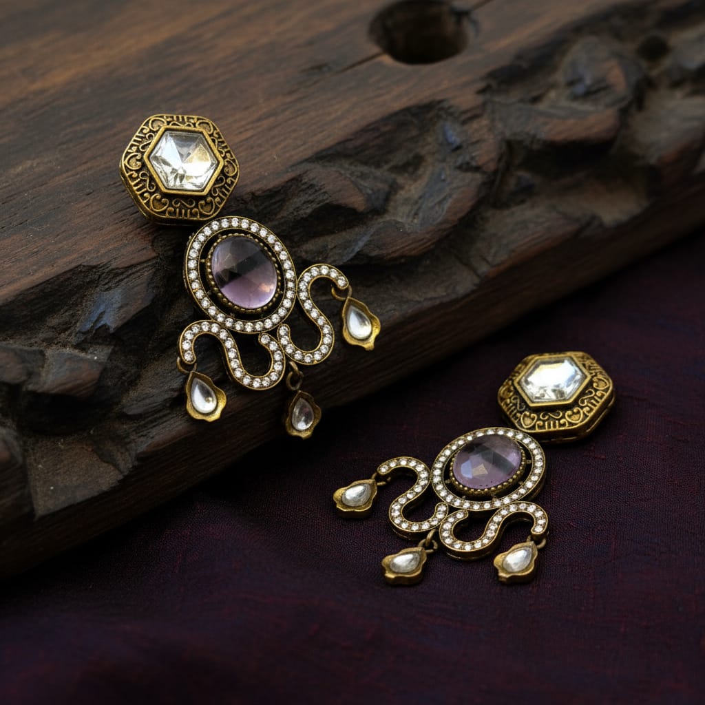 Polki Kundan Chandelier Earrings with Lavender Cabochon