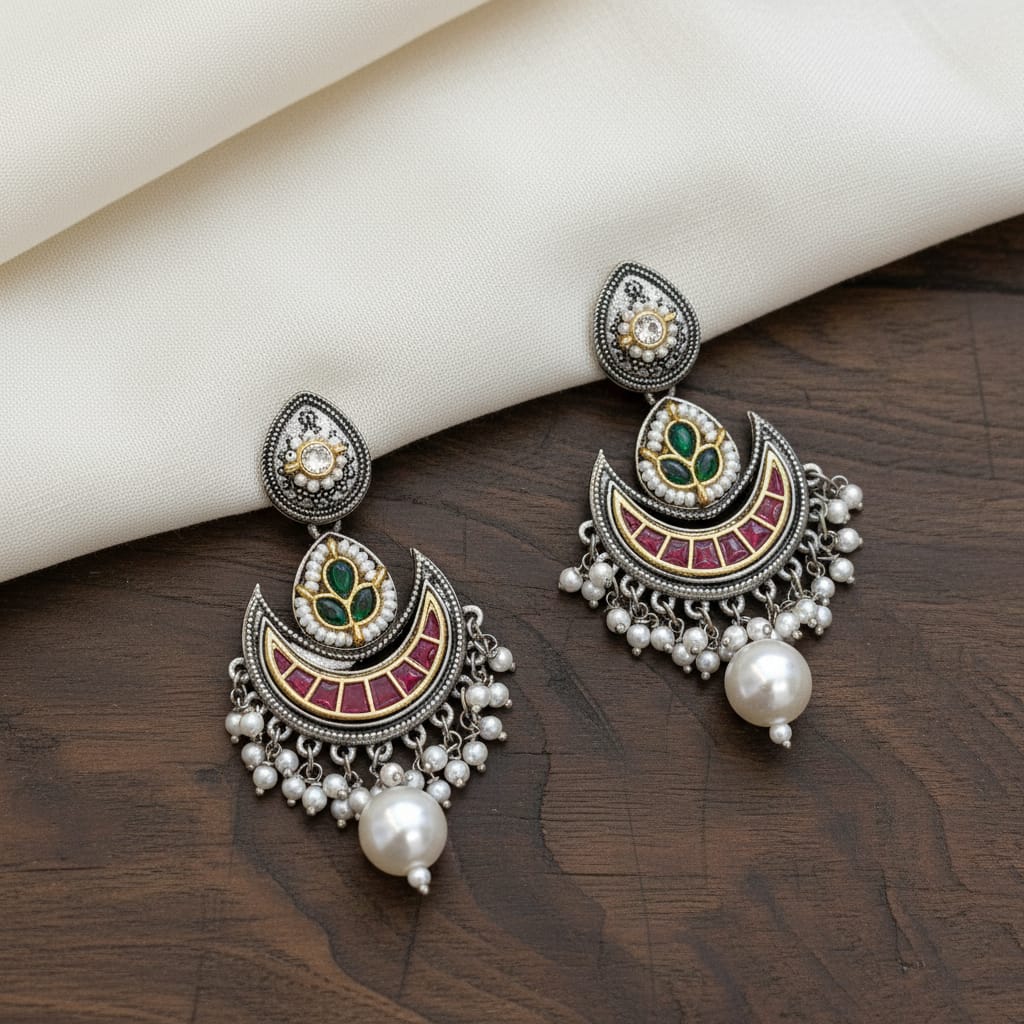 Meenakari Chandbali Earrings with Ruby Enamel-Pearl Drop